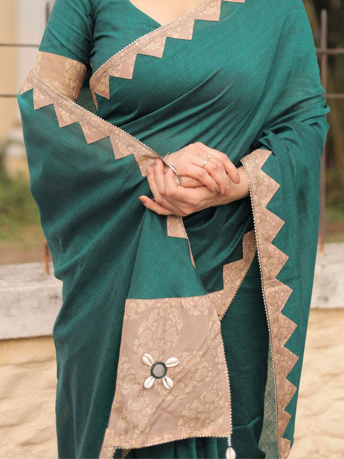 Bottle green cotton hand applique saree with blouse