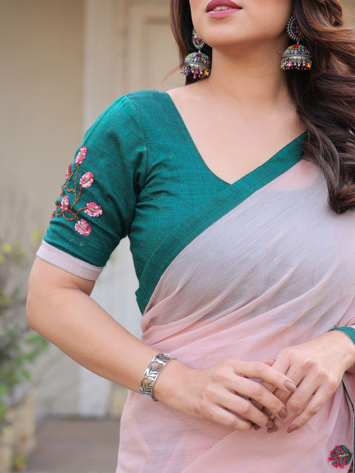 Fairytale blush pink hand embroidered saree with blouse