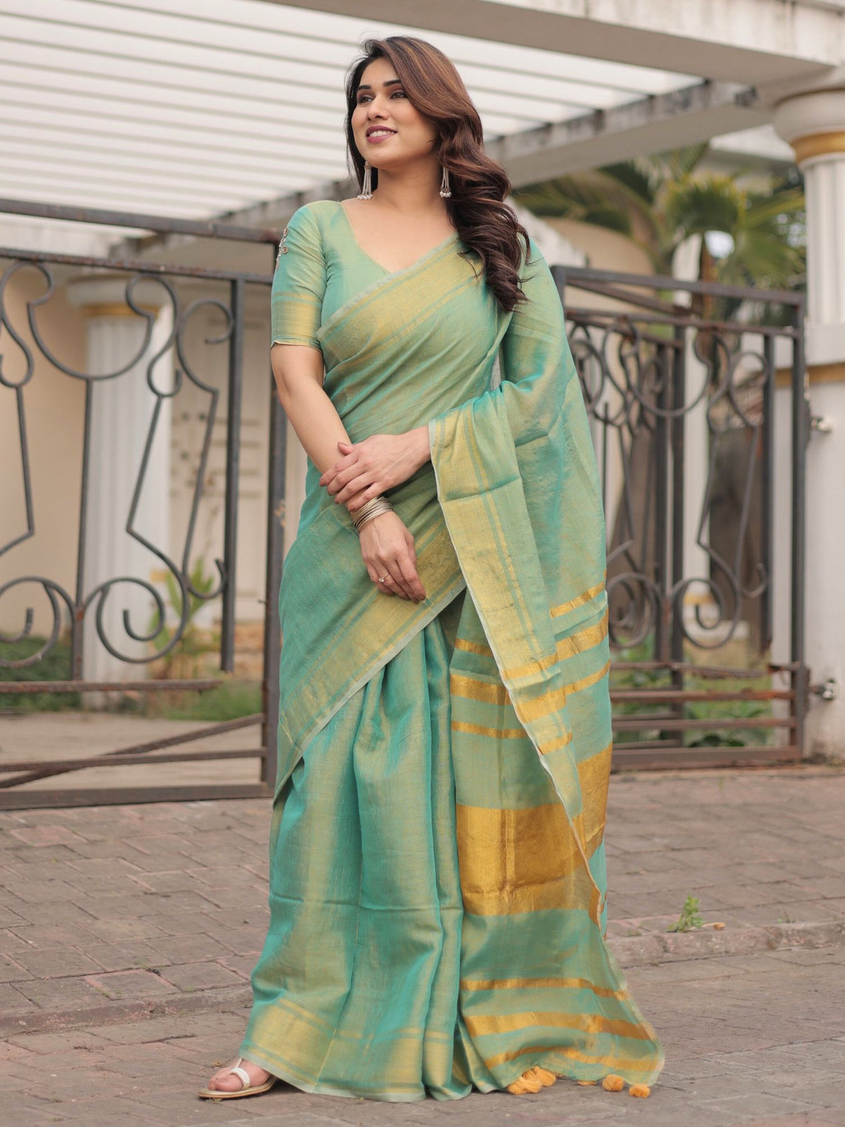 Green tissue linen saree with blouse