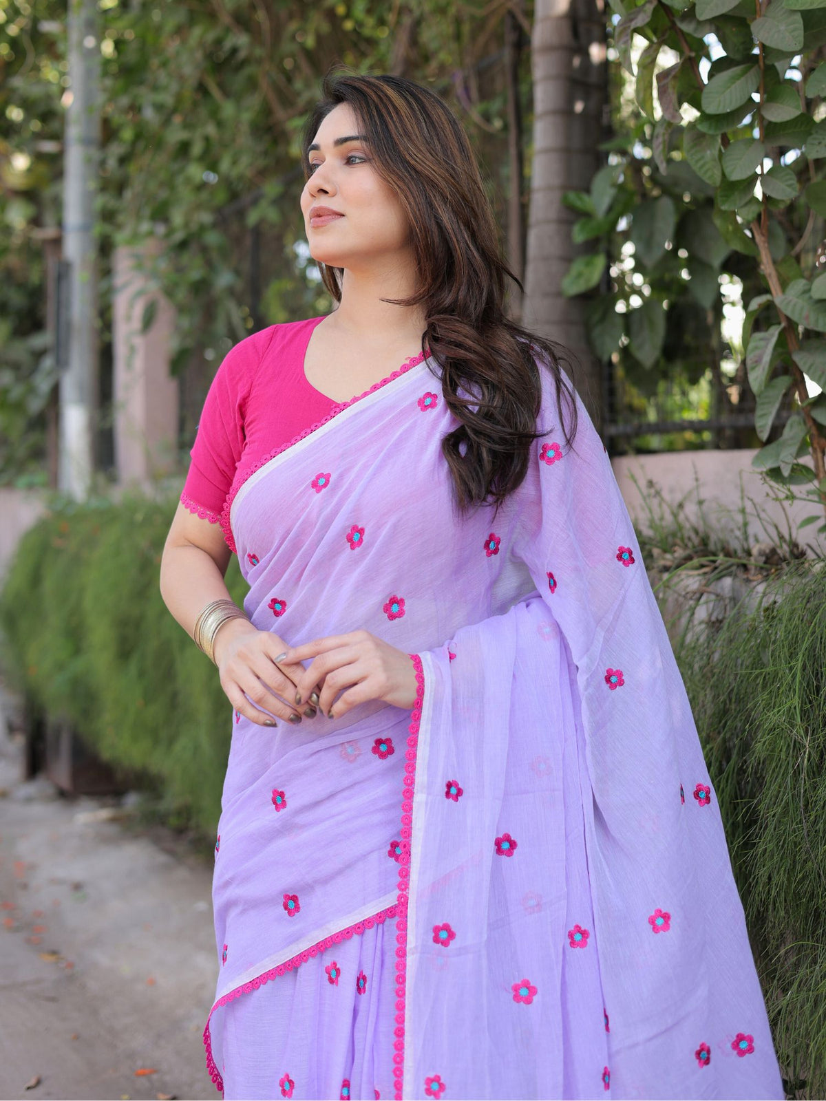 Lilac mul cotton embroidered saree with blouse