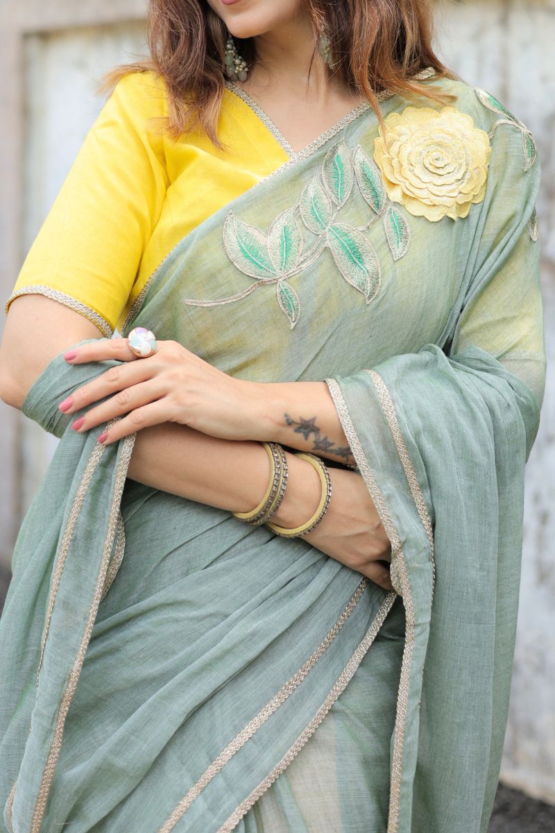 Meadow Bloom Sage Green Mul Cotton Saree with blouse
