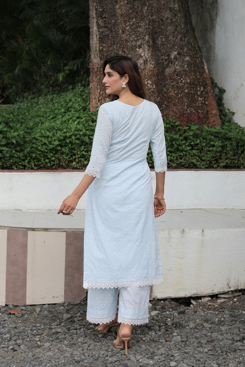 Iris powder blue schiffli kurta set