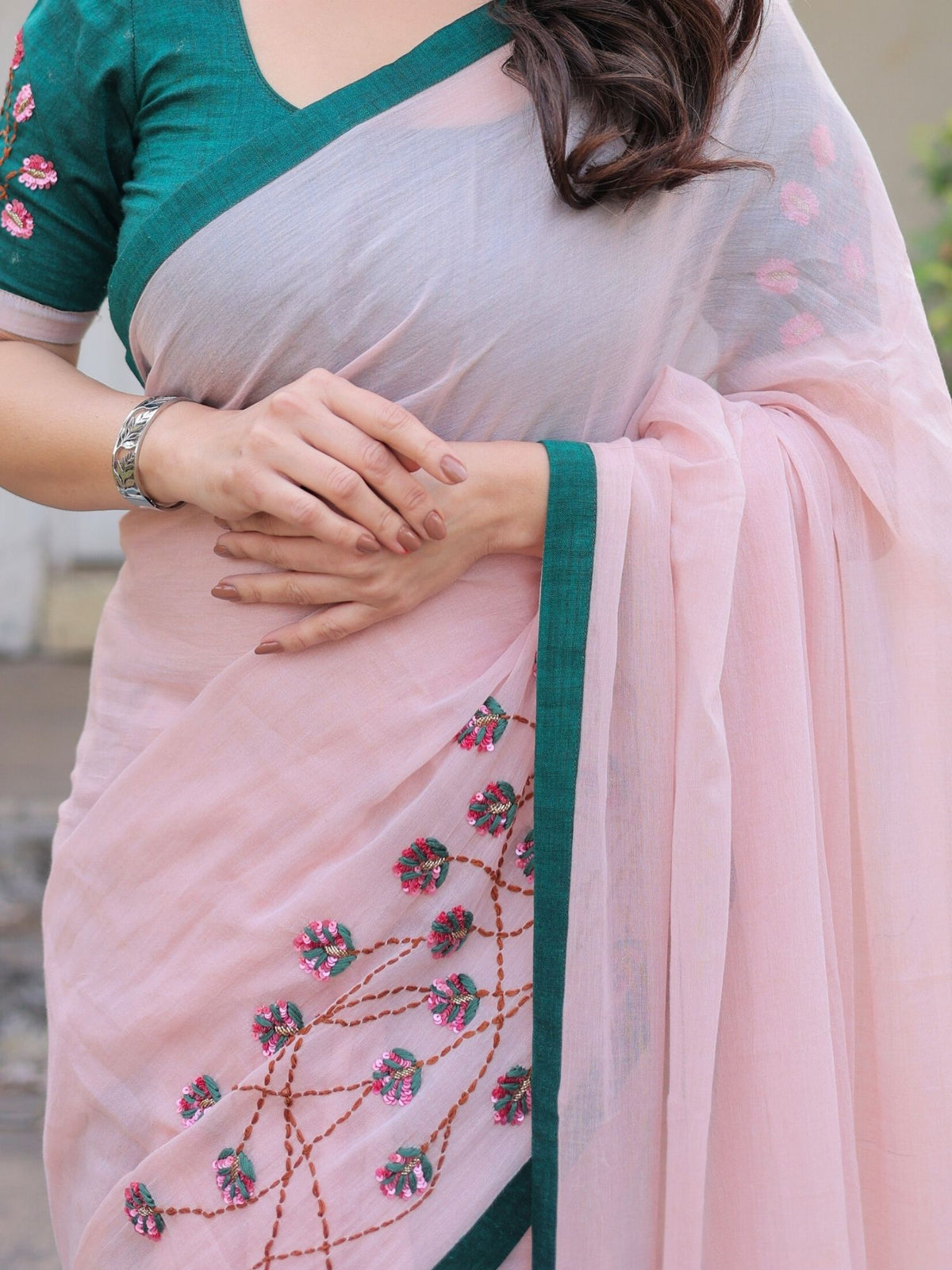 Fairytale blush pink hand embroidered saree with blouse