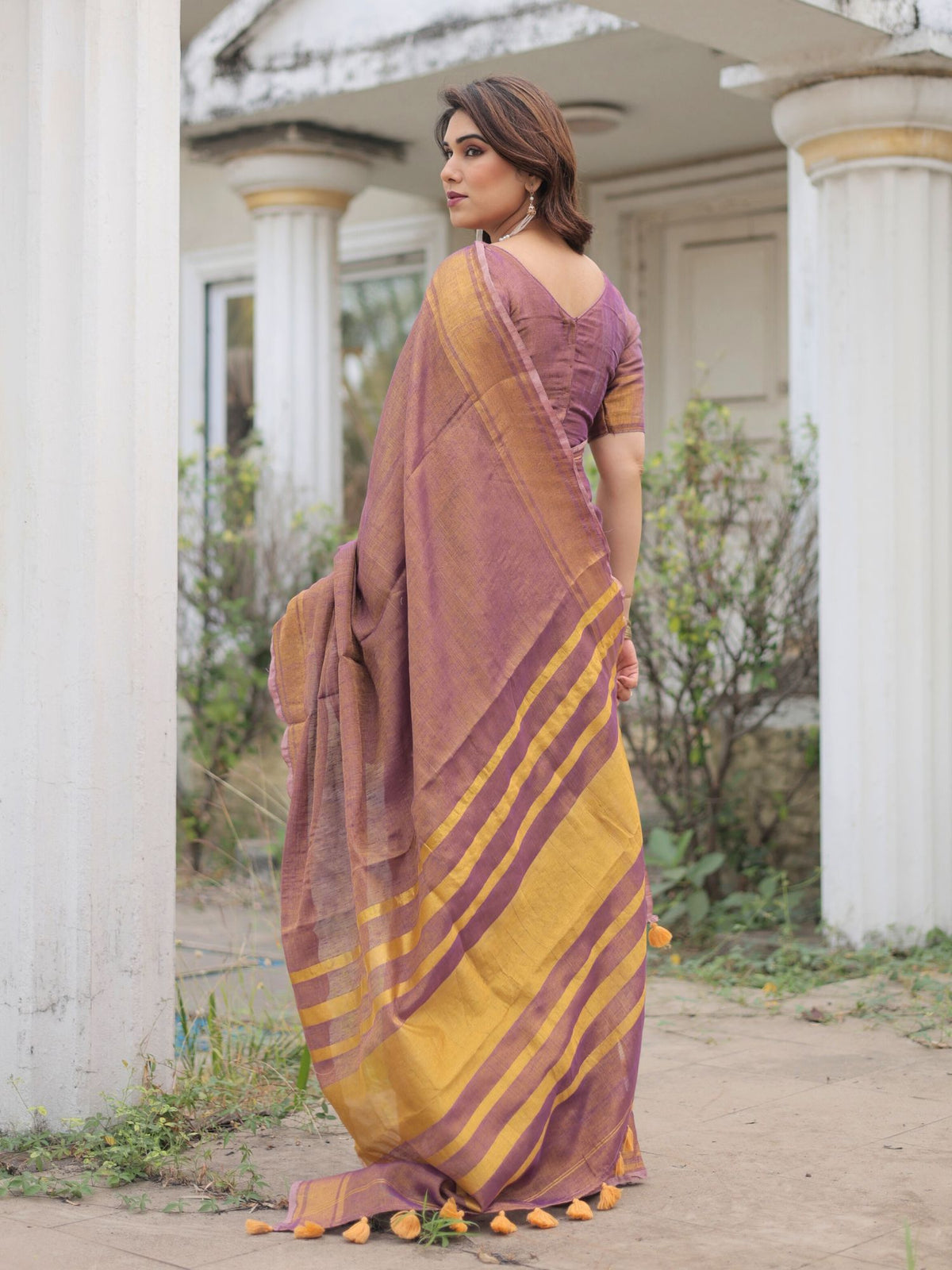 Mauve tissue linen saree with blouse