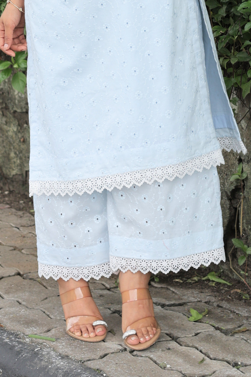 Iris powder blue schiffli kurta set