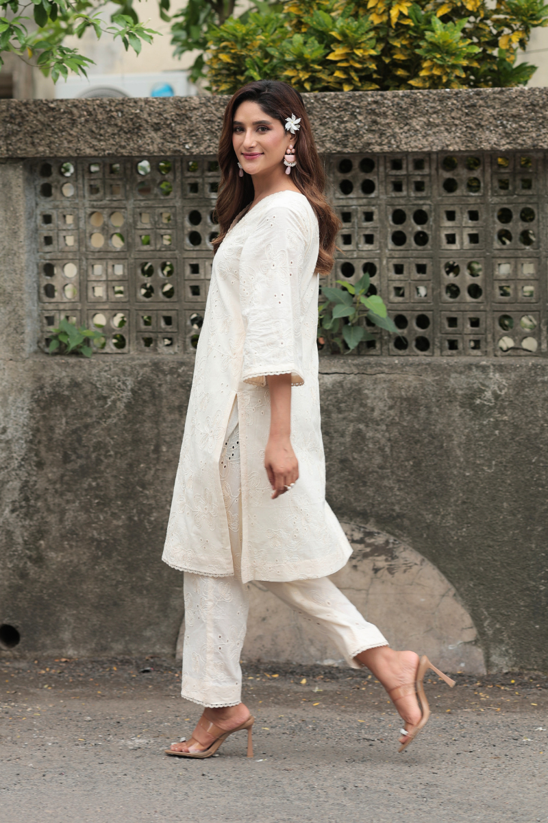 Ivory bloom self embroidery co-ord set