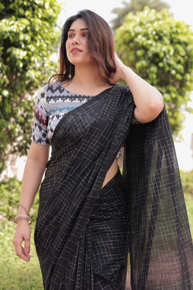 Aztec black handloom cotton saree with blouse