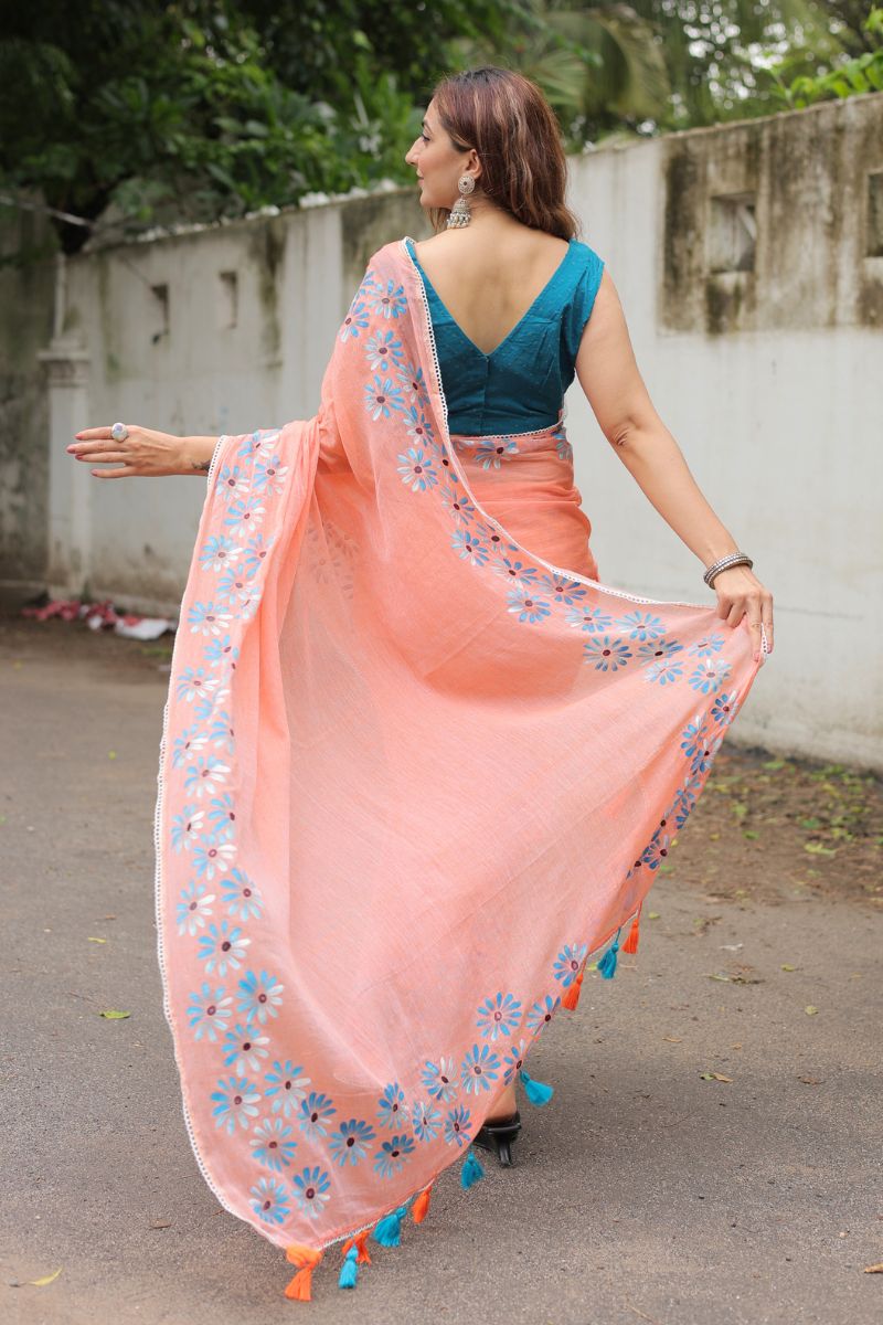 Coral Bloom Orange Mul Cotton Saree with Blouse