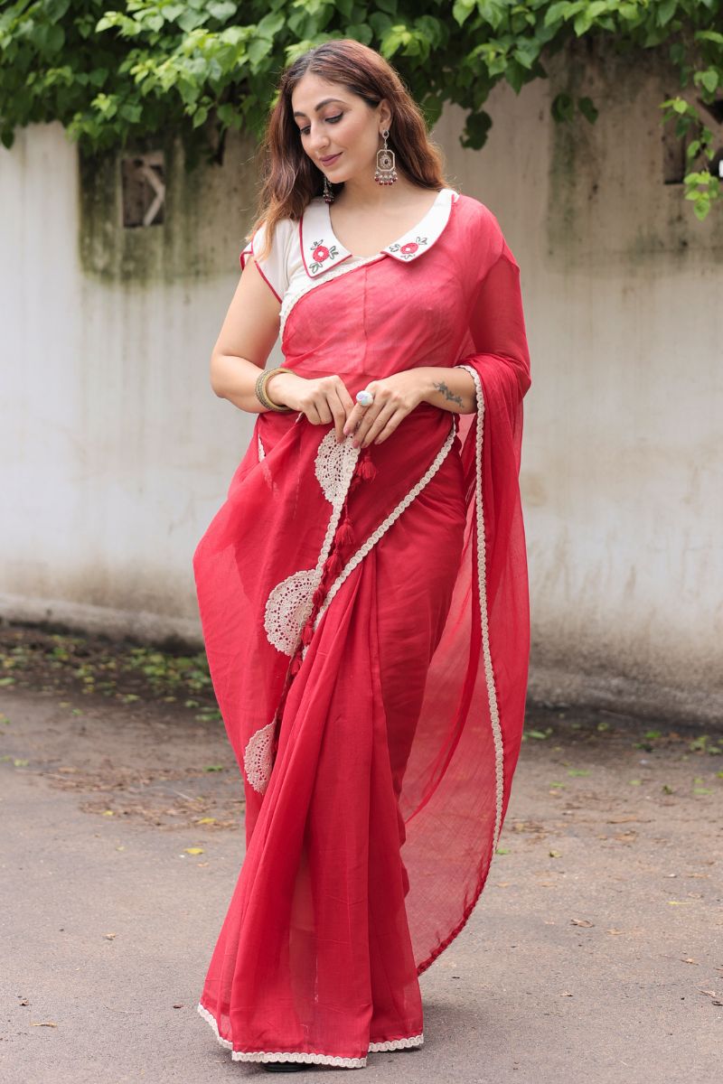 Gulmohar Mul Cotton Saree with Hand Embroidered Blouse