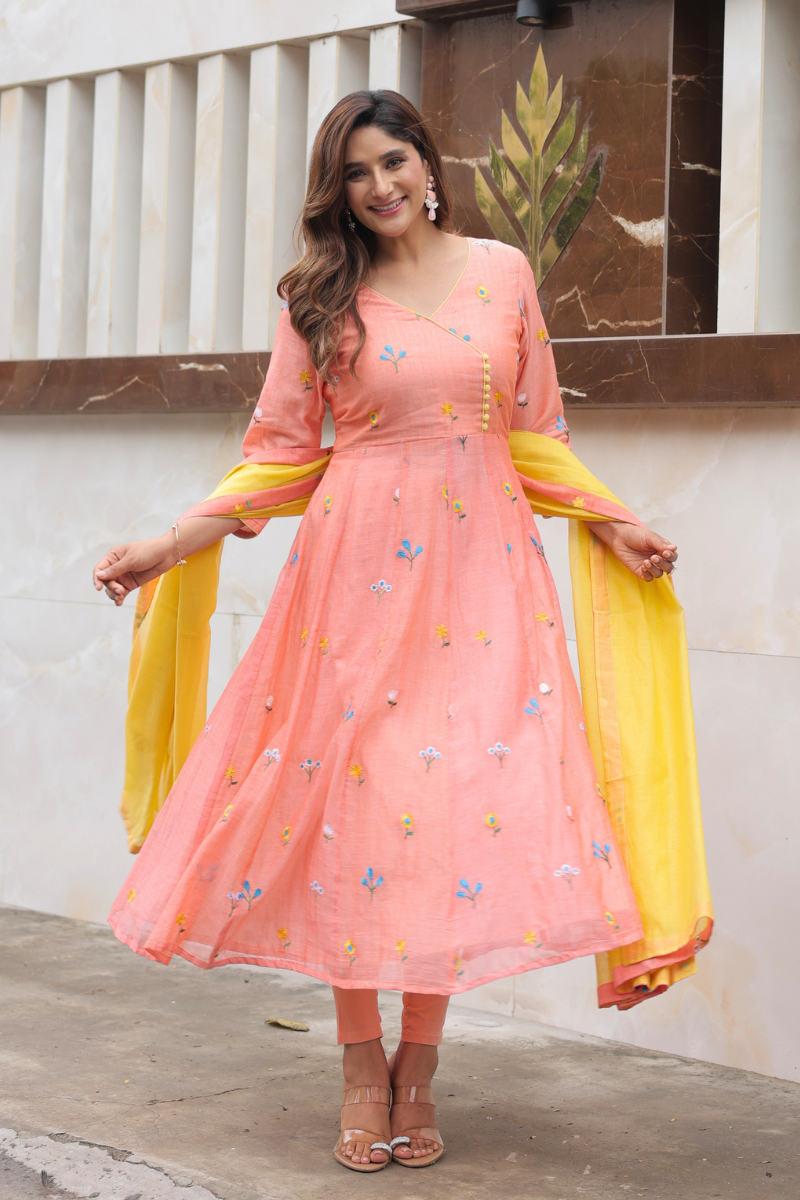Marigold peach anarkali kurta and dupatta set