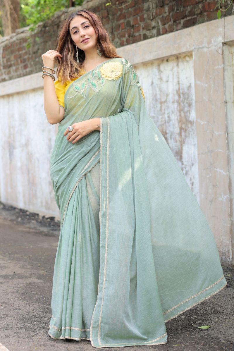 Meadow Bloom Sage Green Mul Cotton Saree with blouse