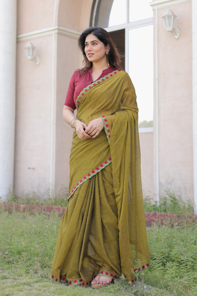 Dusty rose mul cotton saree with contrast blouse