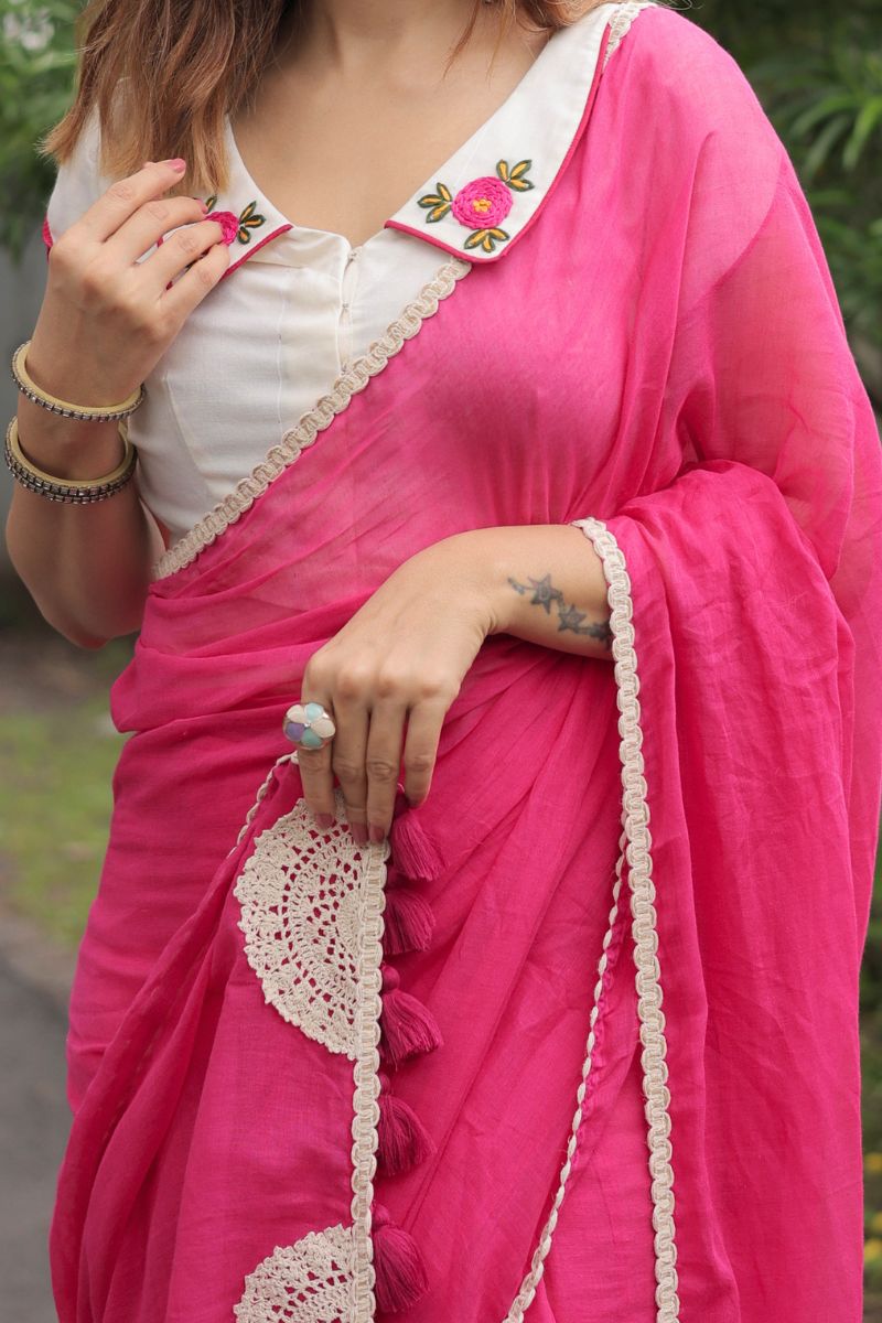 Phoolwari Mul Cotton Saree with Hand Embroidered Blouse