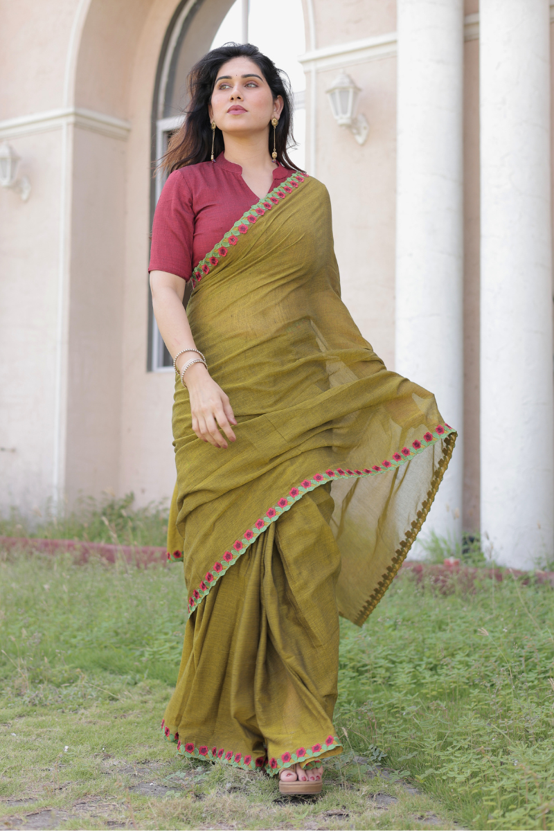 Dusty rose mul cotton saree with contrast blouse