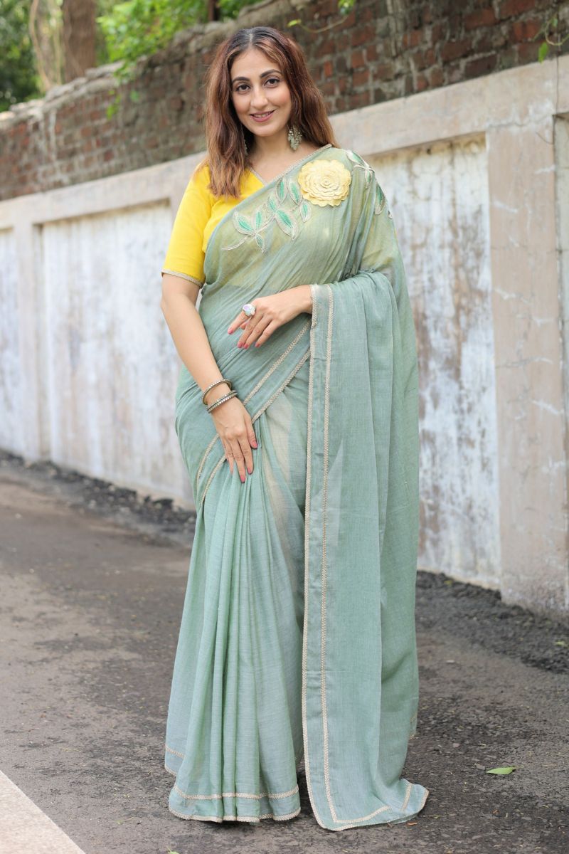 Meadow Bloom Sage Green Mul Cotton Saree with blouse