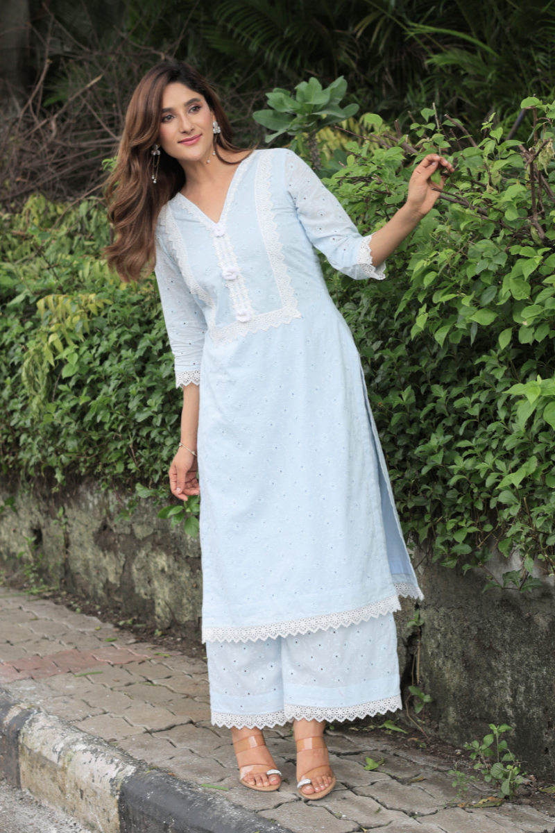 Iris powder blue schiffli kurta set