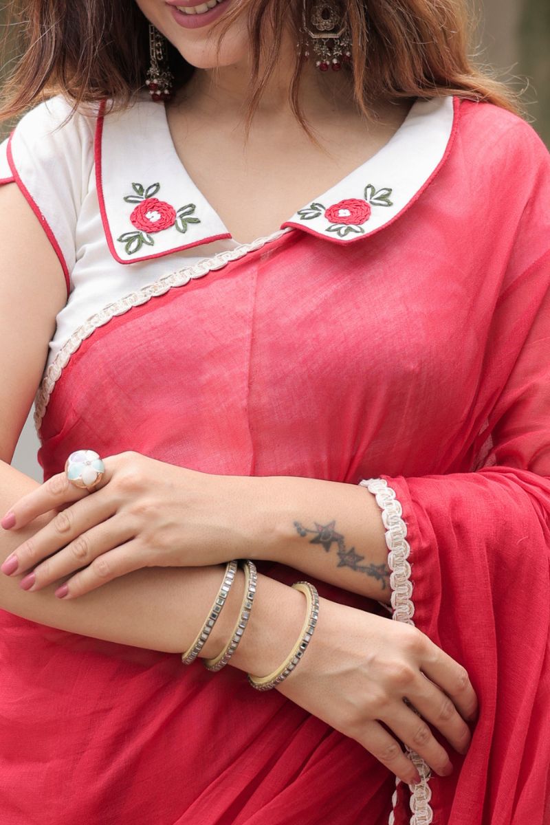 Gulmohar Mul Cotton Saree with Hand Embroidered Blouse