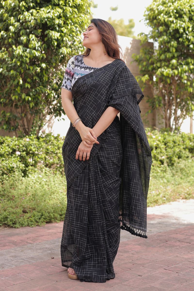 Aztec black handloom cotton saree with blouse