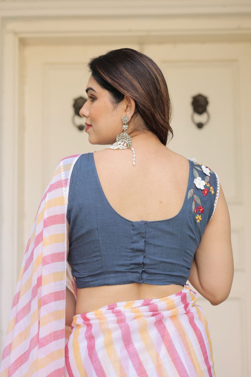 Navy cotton shoulder embroidery blouse