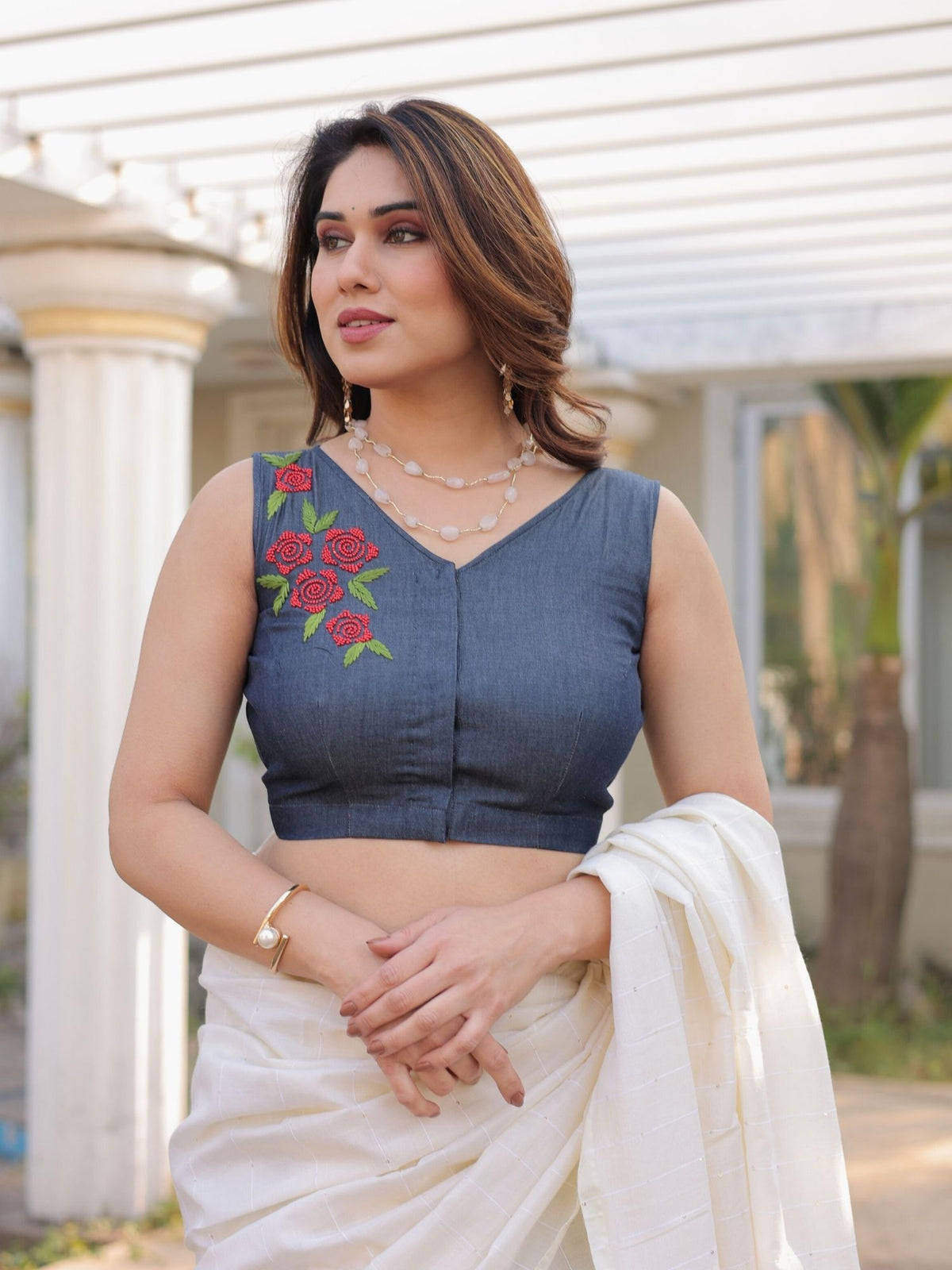 Wild Rose cotton saree with denim blouse