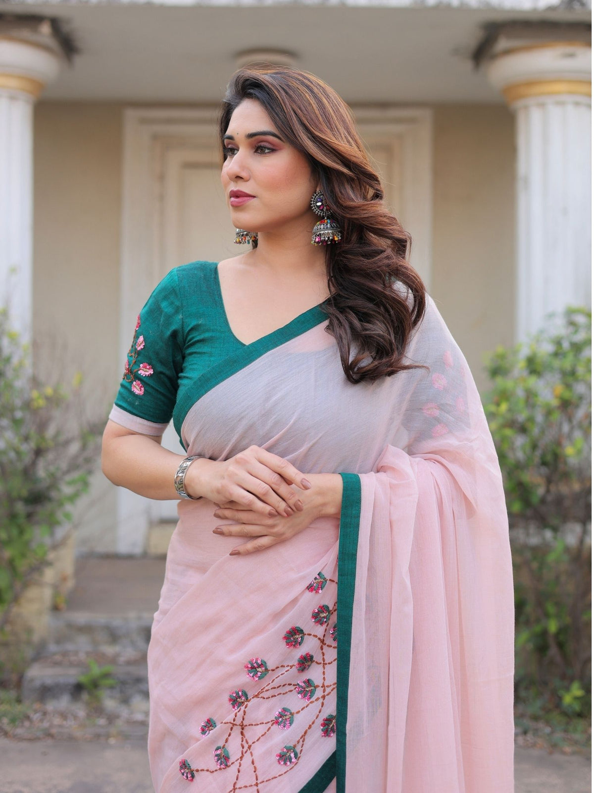 Fairytale blush pink hand embroidered saree with blouse