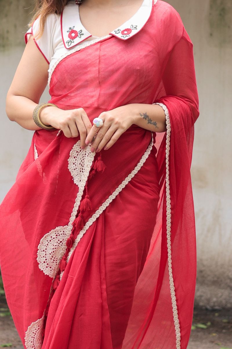 Gulmohar Mul Cotton Saree with Hand Embroidered Blouse