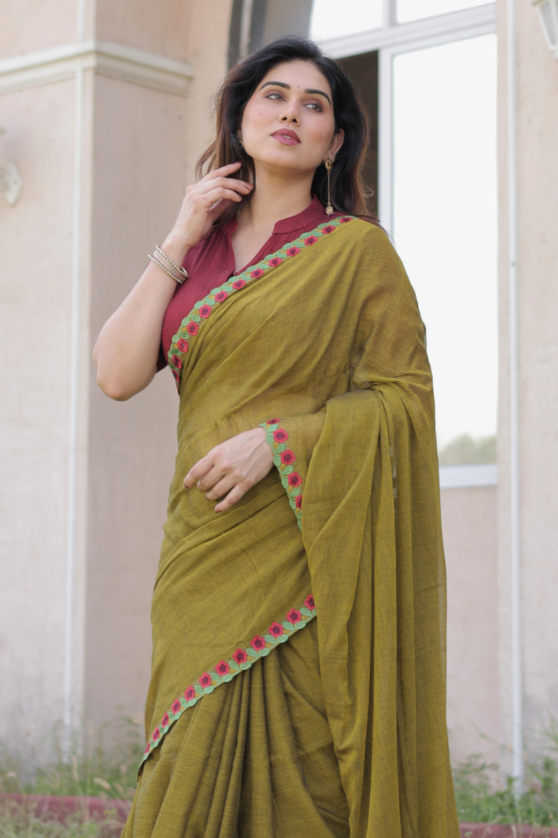 Dusty rose mul cotton saree with contrast blouse