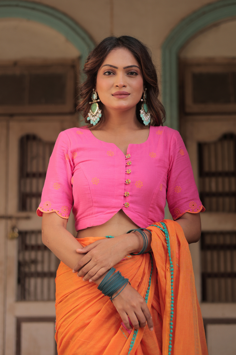 Diya orange mul cotton saree with contrast blouse