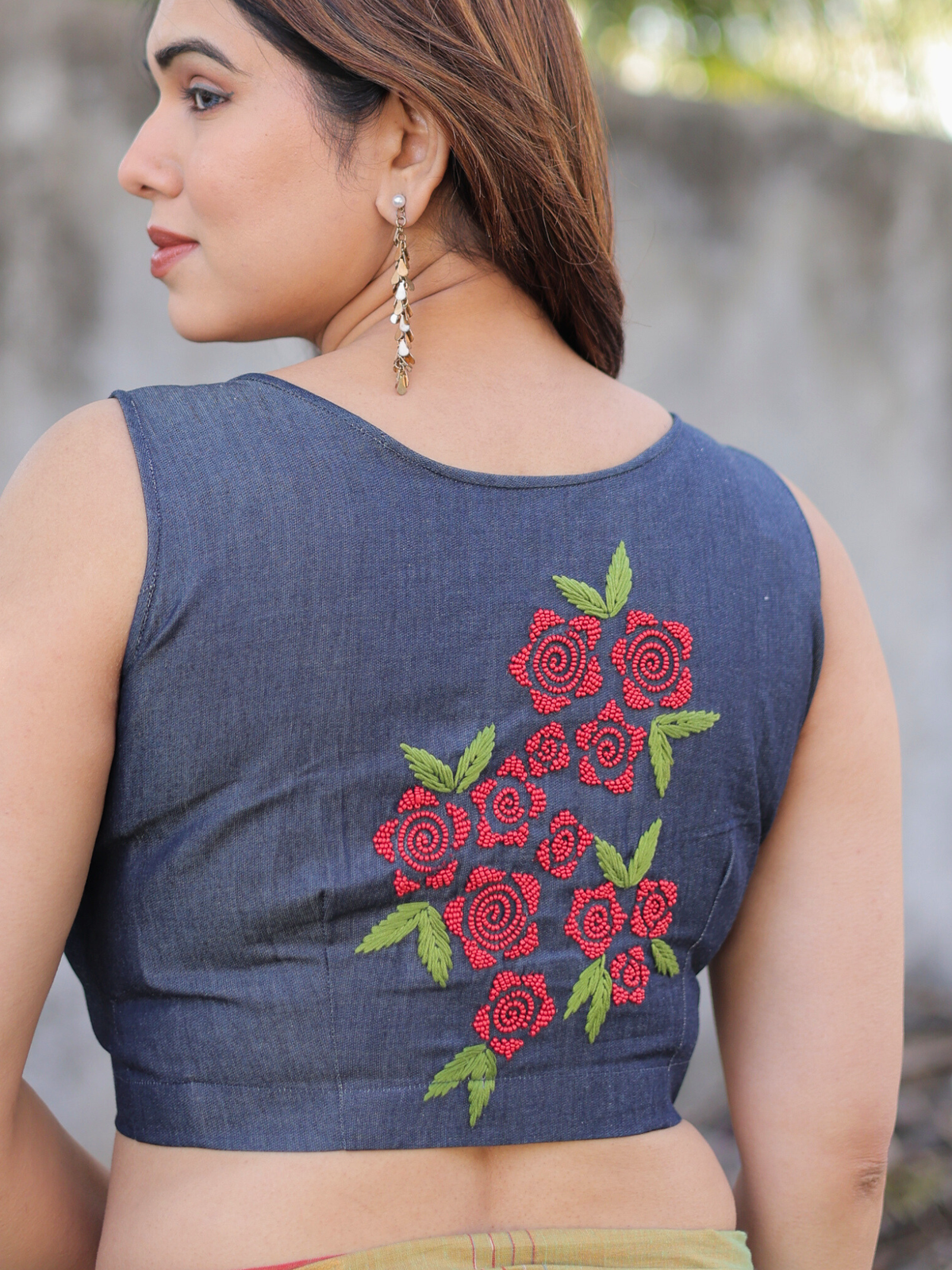 Wild Rose cotton saree with denim blouse