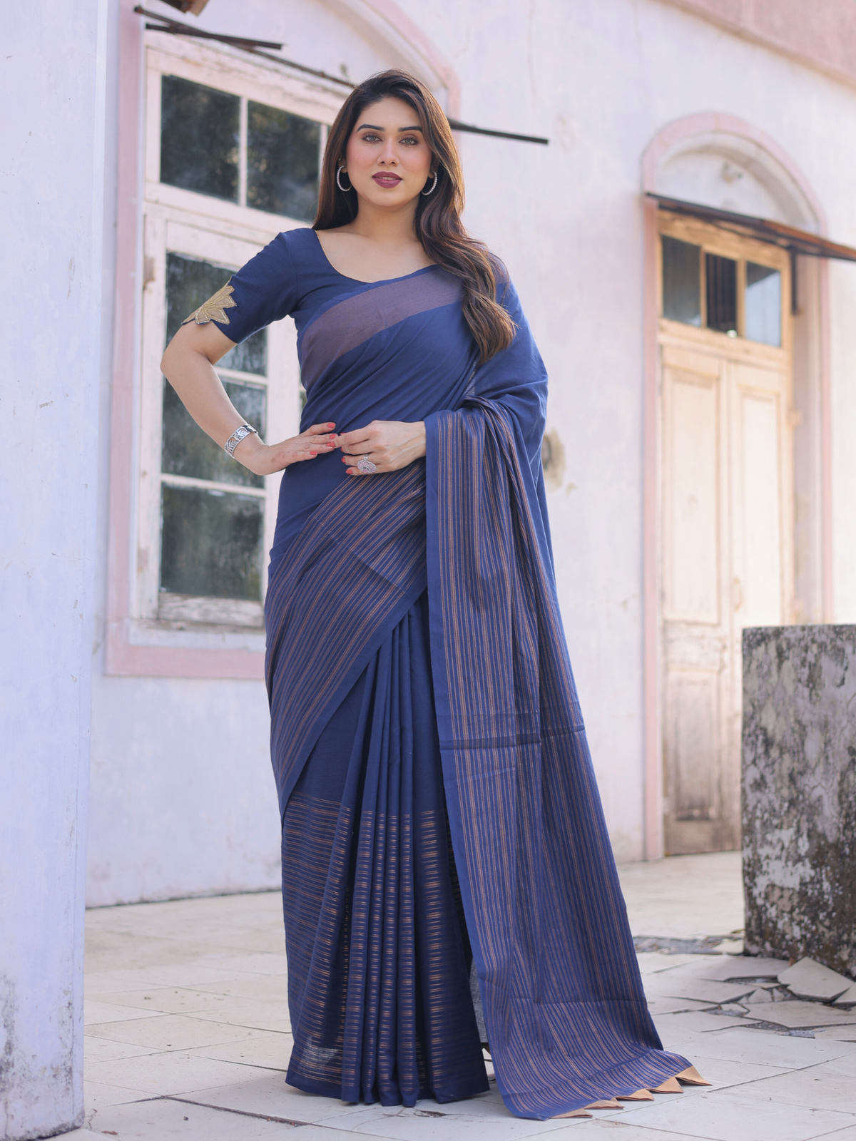 Midnight Bloom Cotton Saree With Embroidered Saree