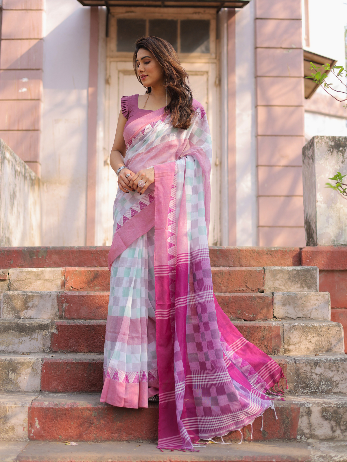 Saksham printed cotton saree with contrast blouse