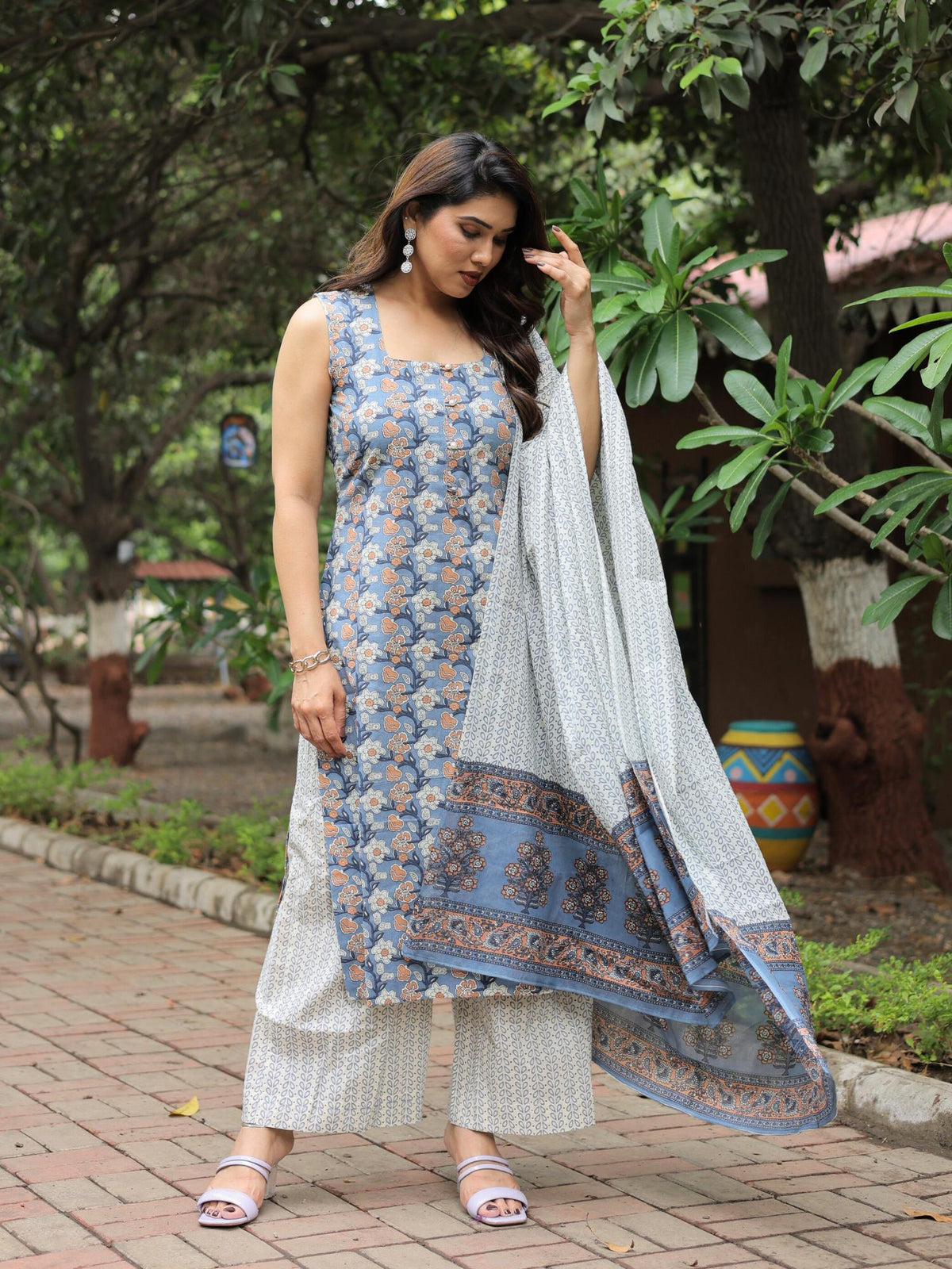 Oasis block print suit set
