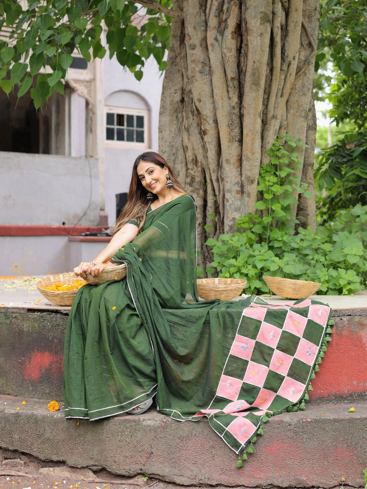 Sandesh- bottle green patchwork saree with blouse