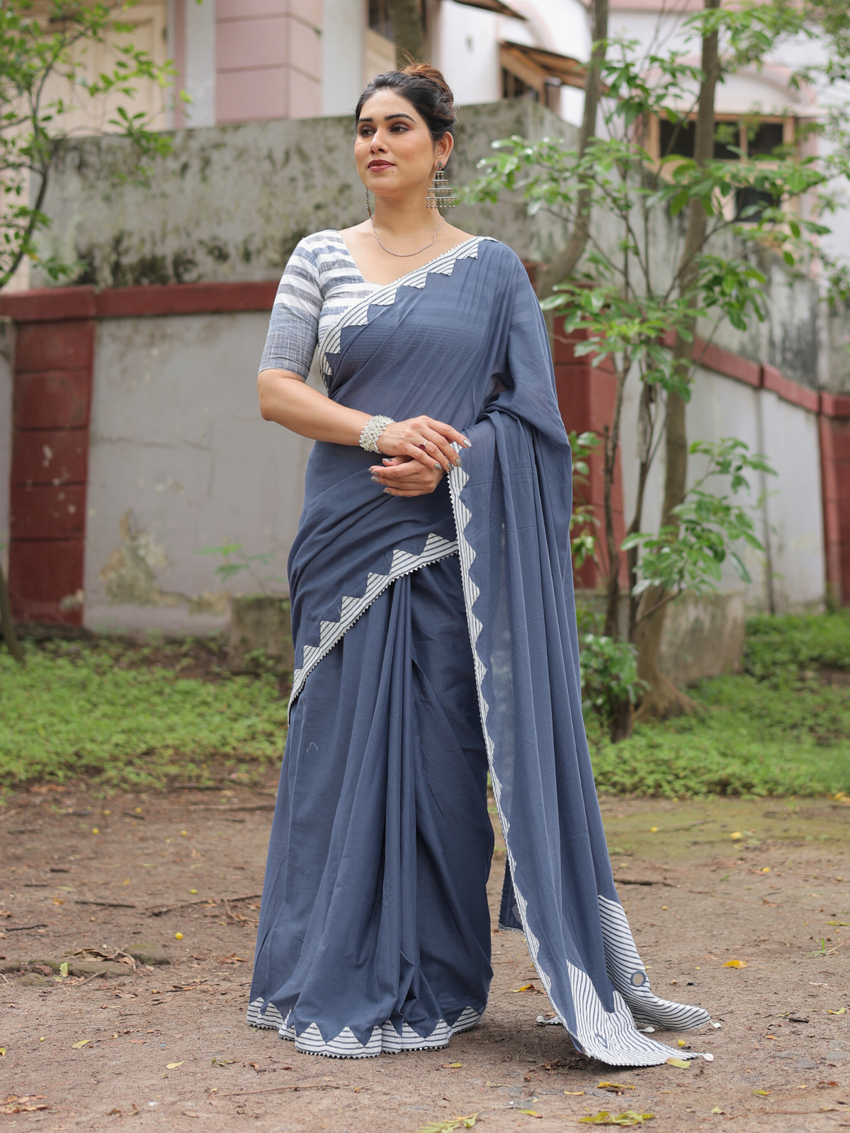 Dusty blue cotton hand applique saree with blouse