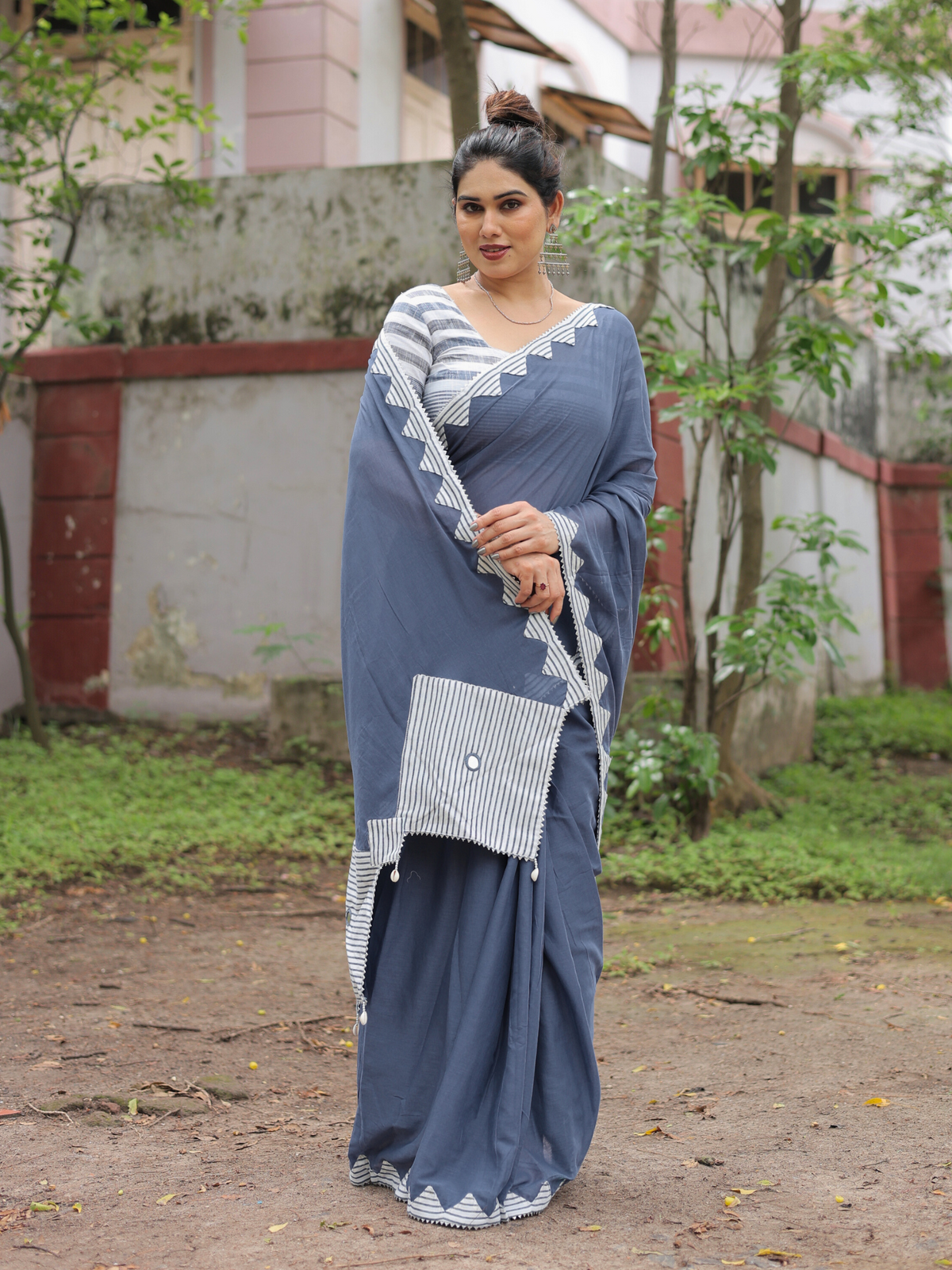 Dusty blue cotton hand applique saree with blouse