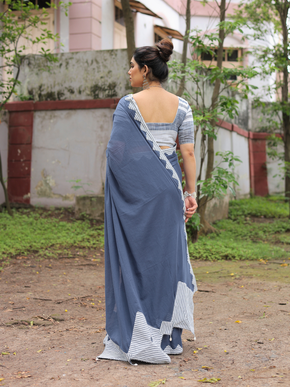 Dusty blue cotton hand applique saree with blouse