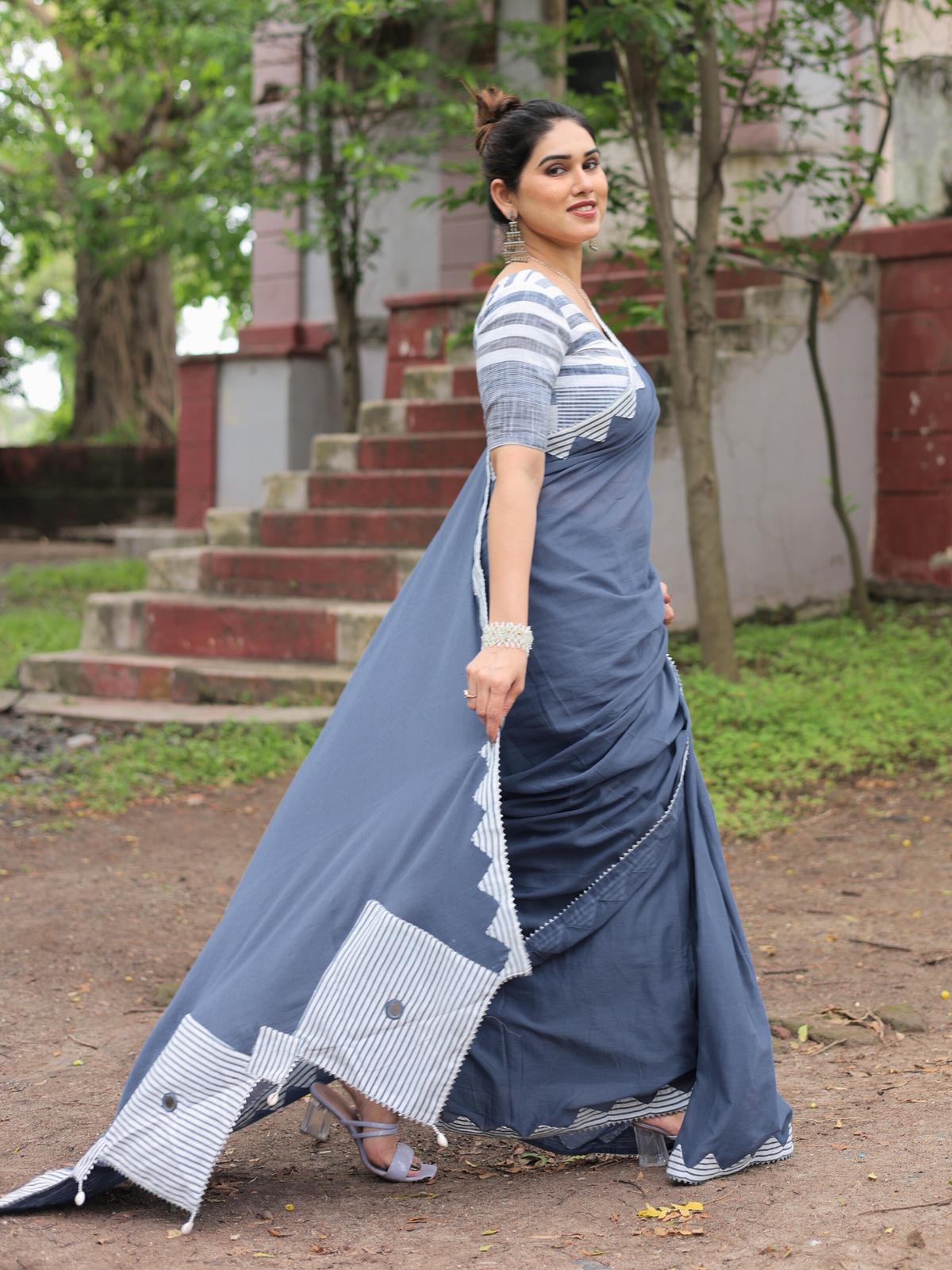 Dusty blue cotton hand applique saree with blouse