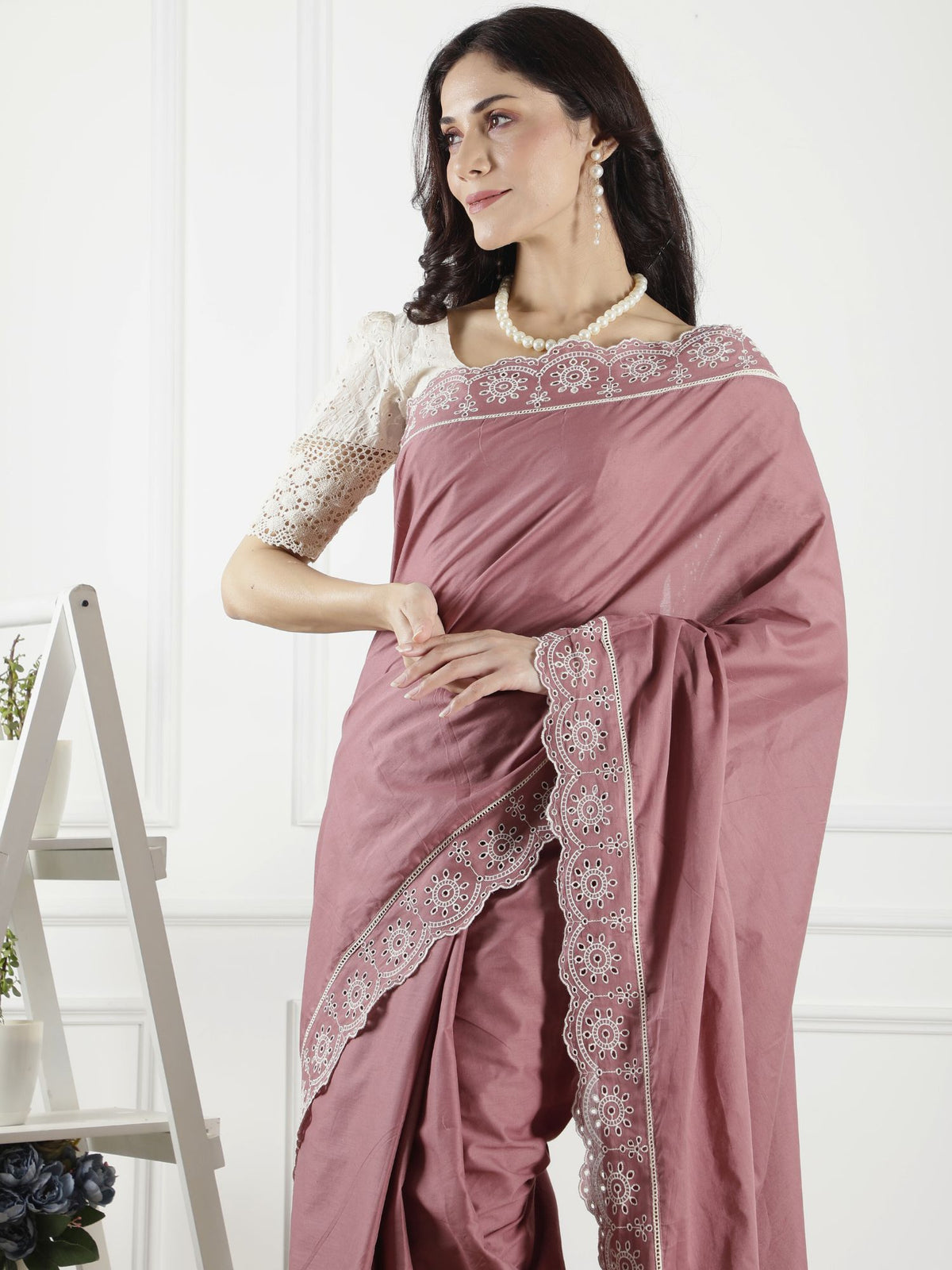 Yamuna cotton embroidered lace saree with blouse