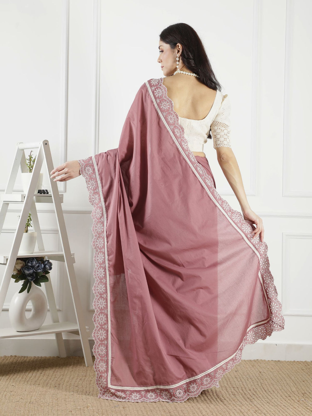 Yamuna cotton embroidered lace saree with blouse