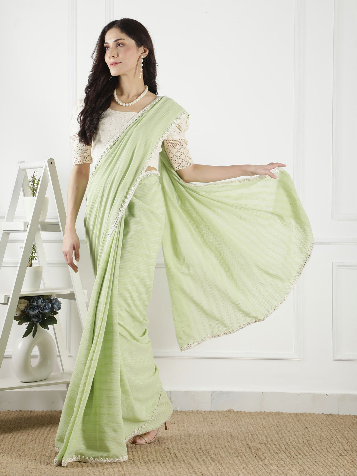 Krishna pastel green cotton saree with blouse