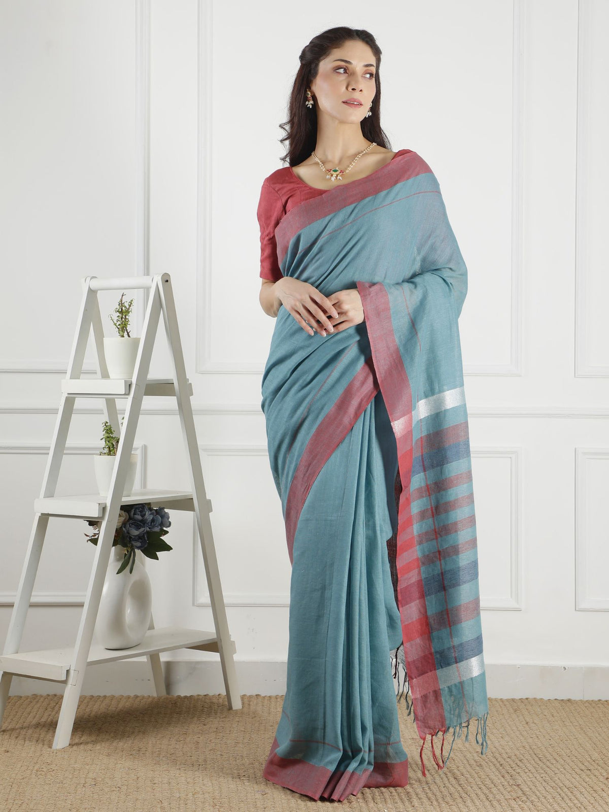 Esha green linen saree with blouse