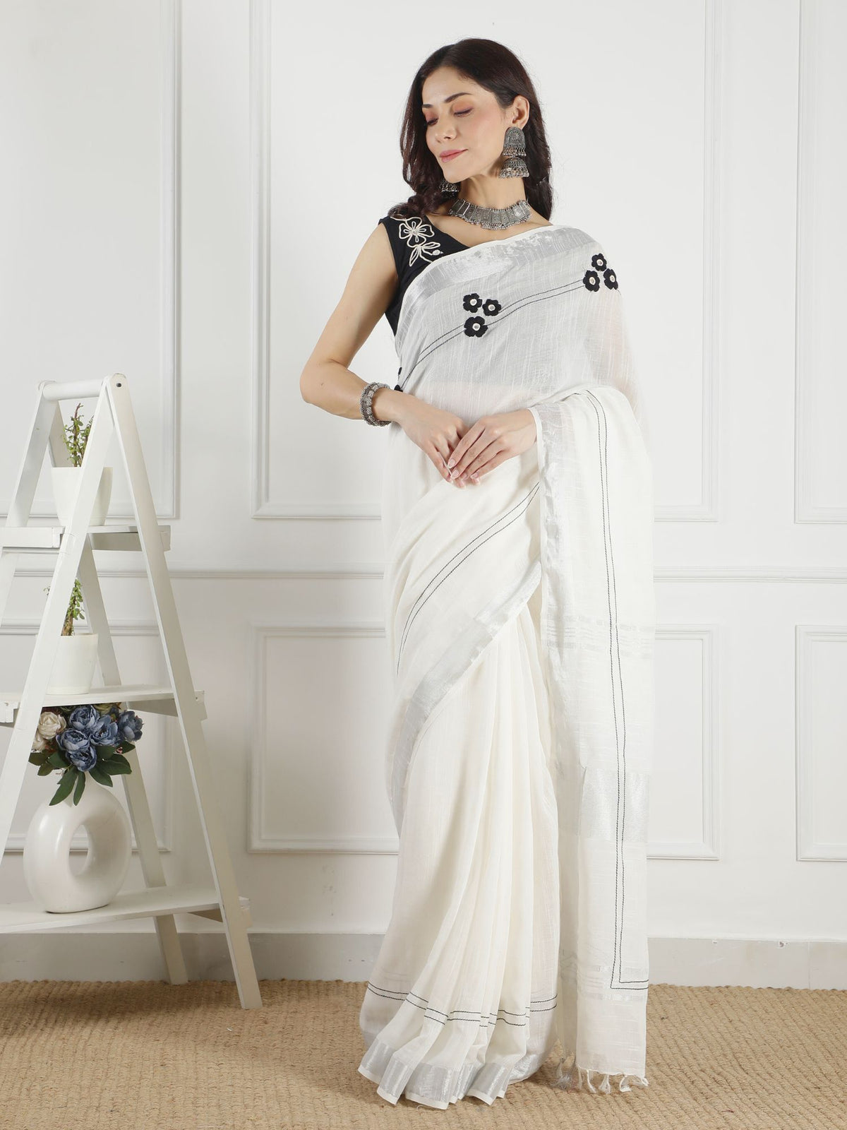 Audrey black and white cotton saree with blouse