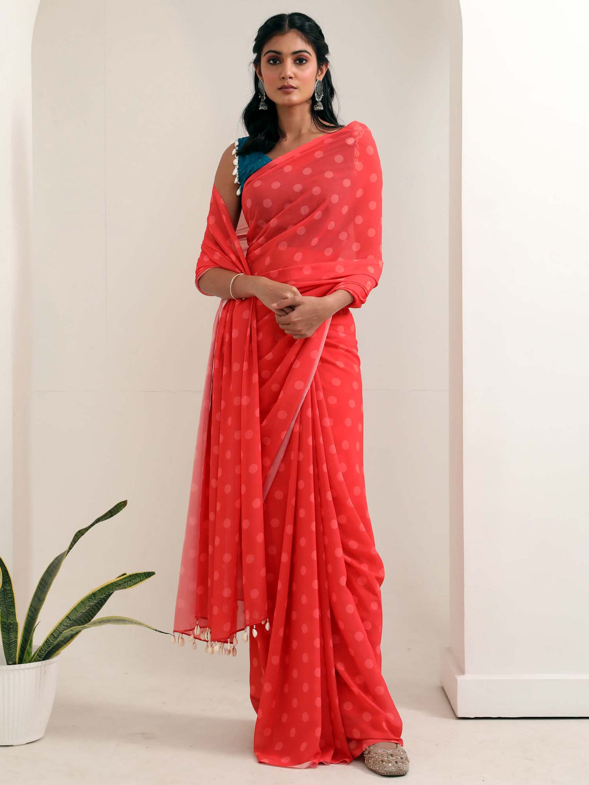 Polka Red- Georgette Saree with Blouse