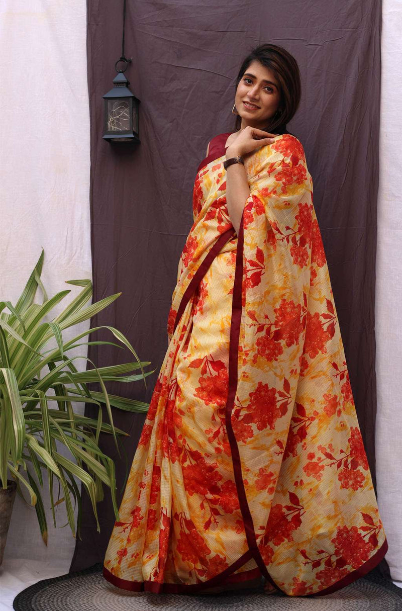 Aura Red Floral Printed Saree