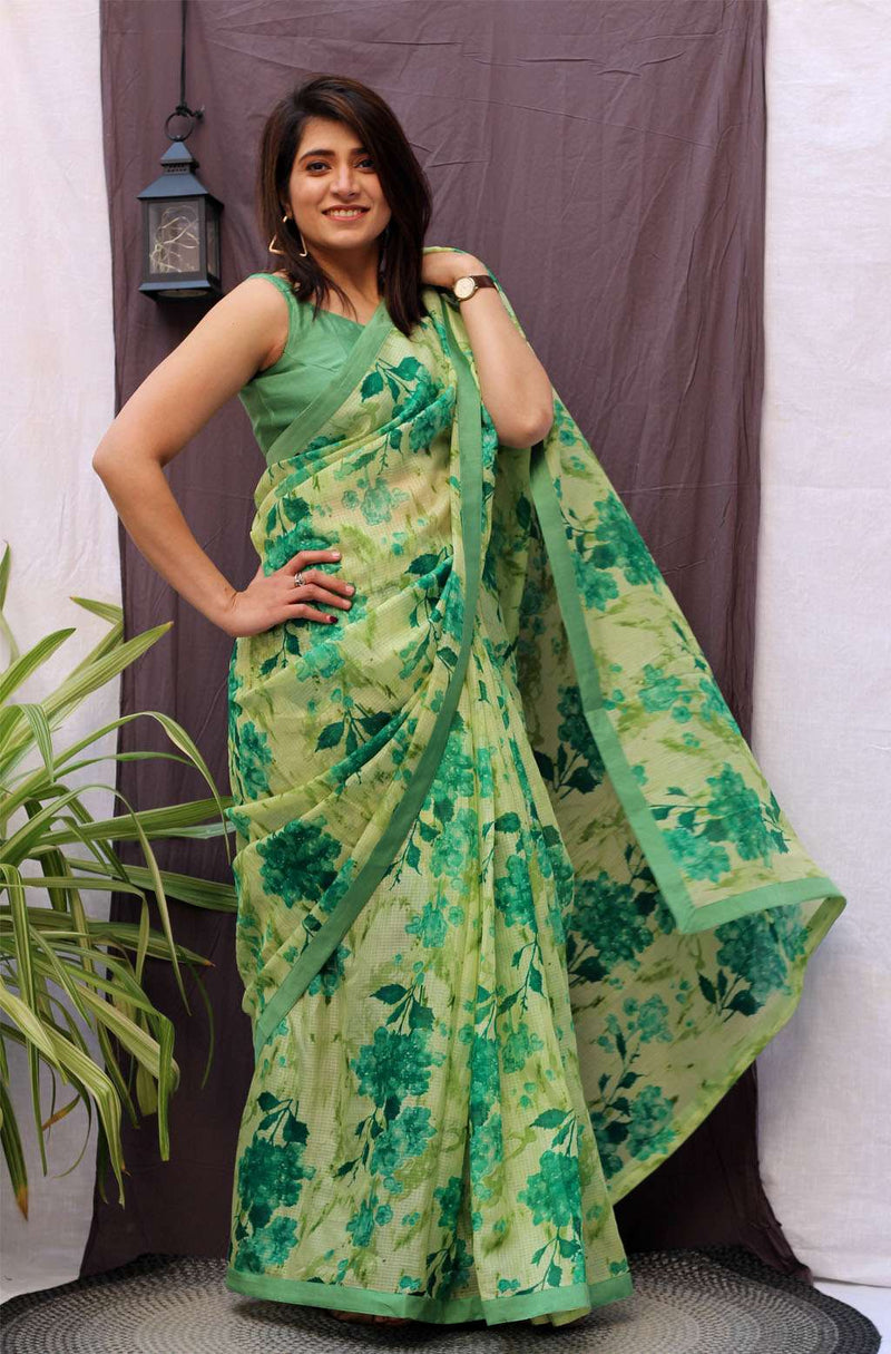 Aura Green Floral Printed Saree
