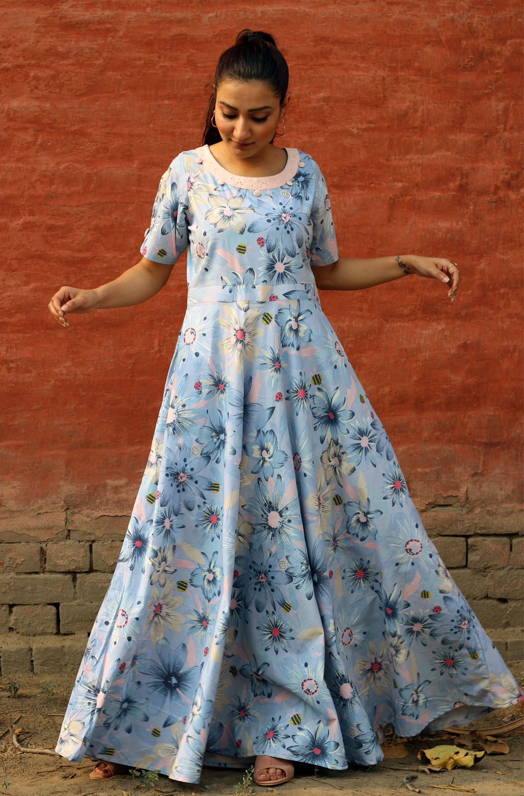 Perwinkle Floral Printed Long Cotton Dress