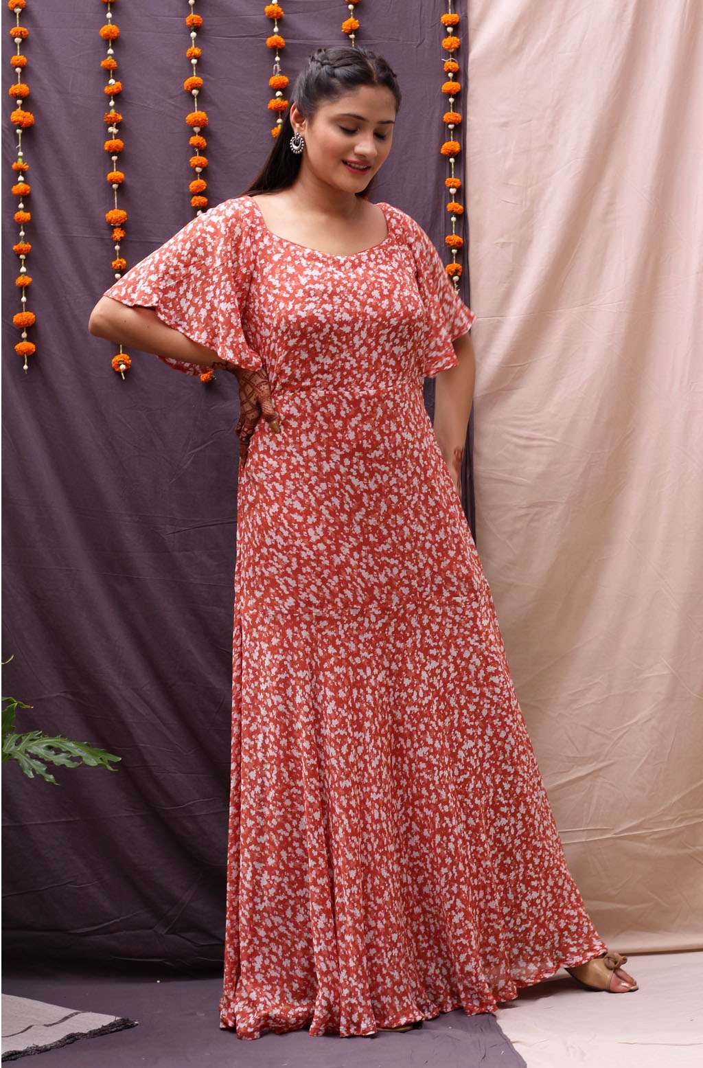 rust long printed Georgette dress