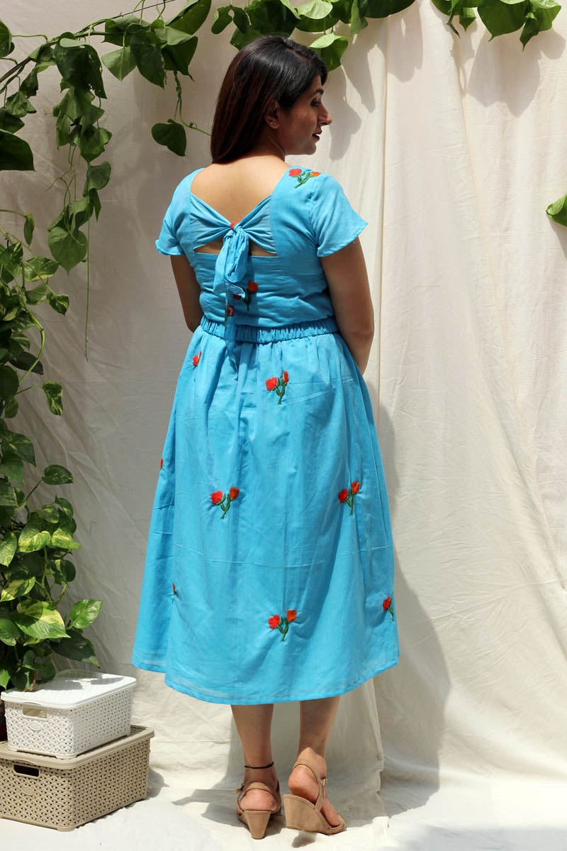 Chic Blue Floral Embroidered Dress