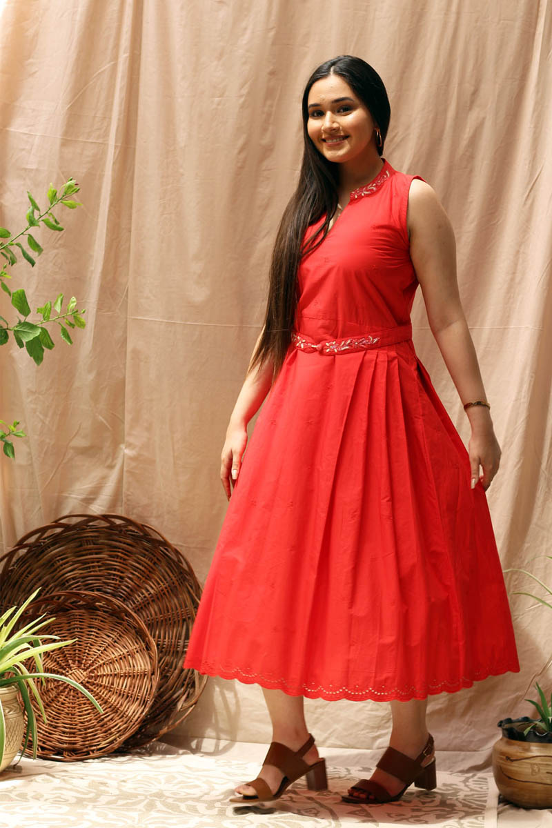 Red Velvet Chikan Short Dress