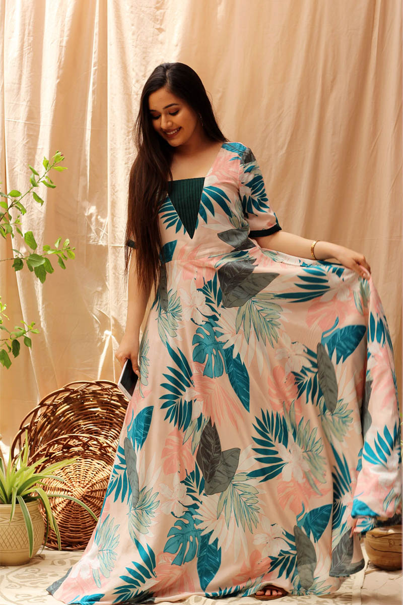 Handloom Cotton Maxi Dress with Floral Print, Zari checks and Zari bor